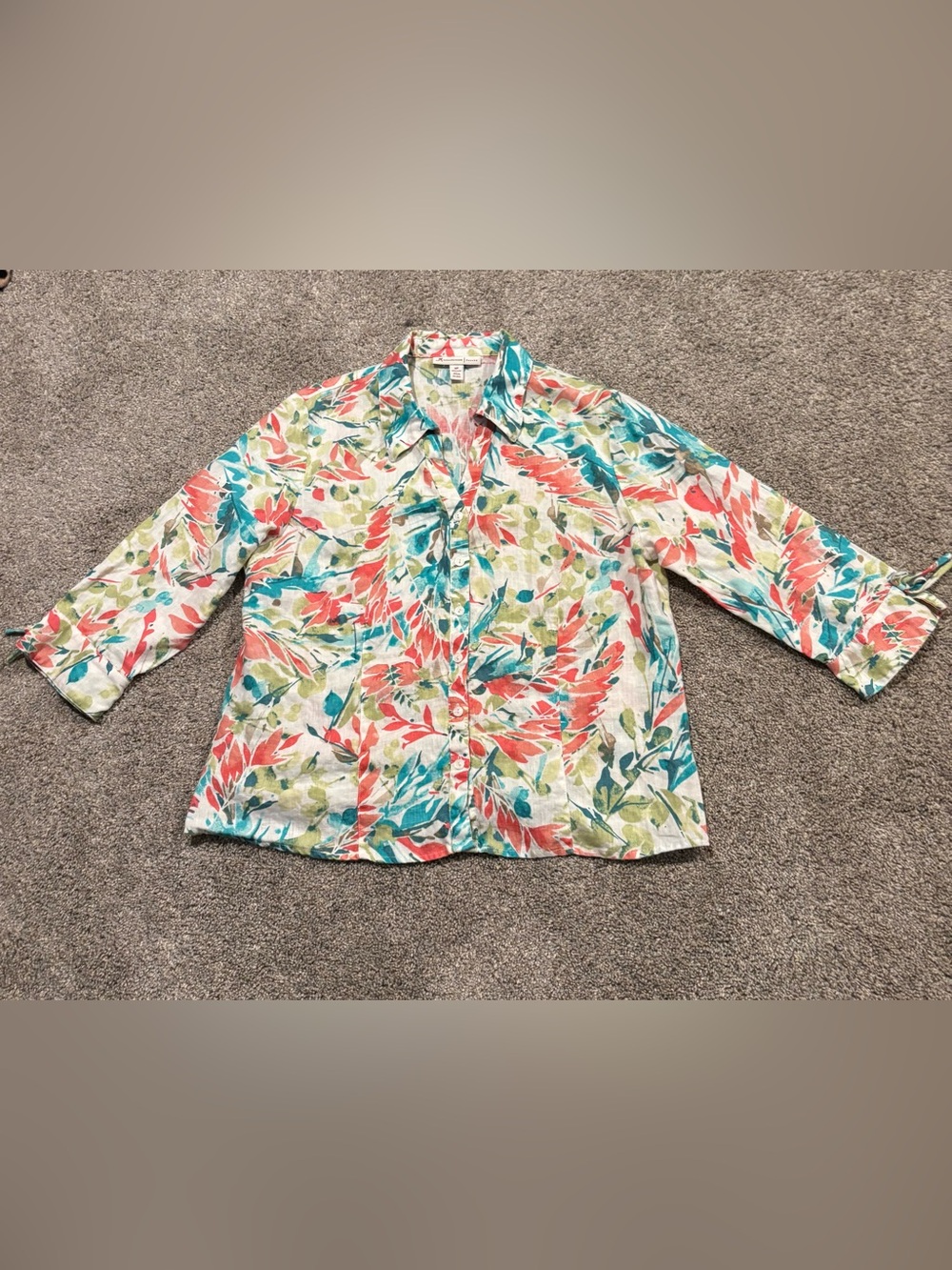 JM Collection Petite 14P / Large 100% Linen Floral Button-Up 3/4 Sleeve Blouse